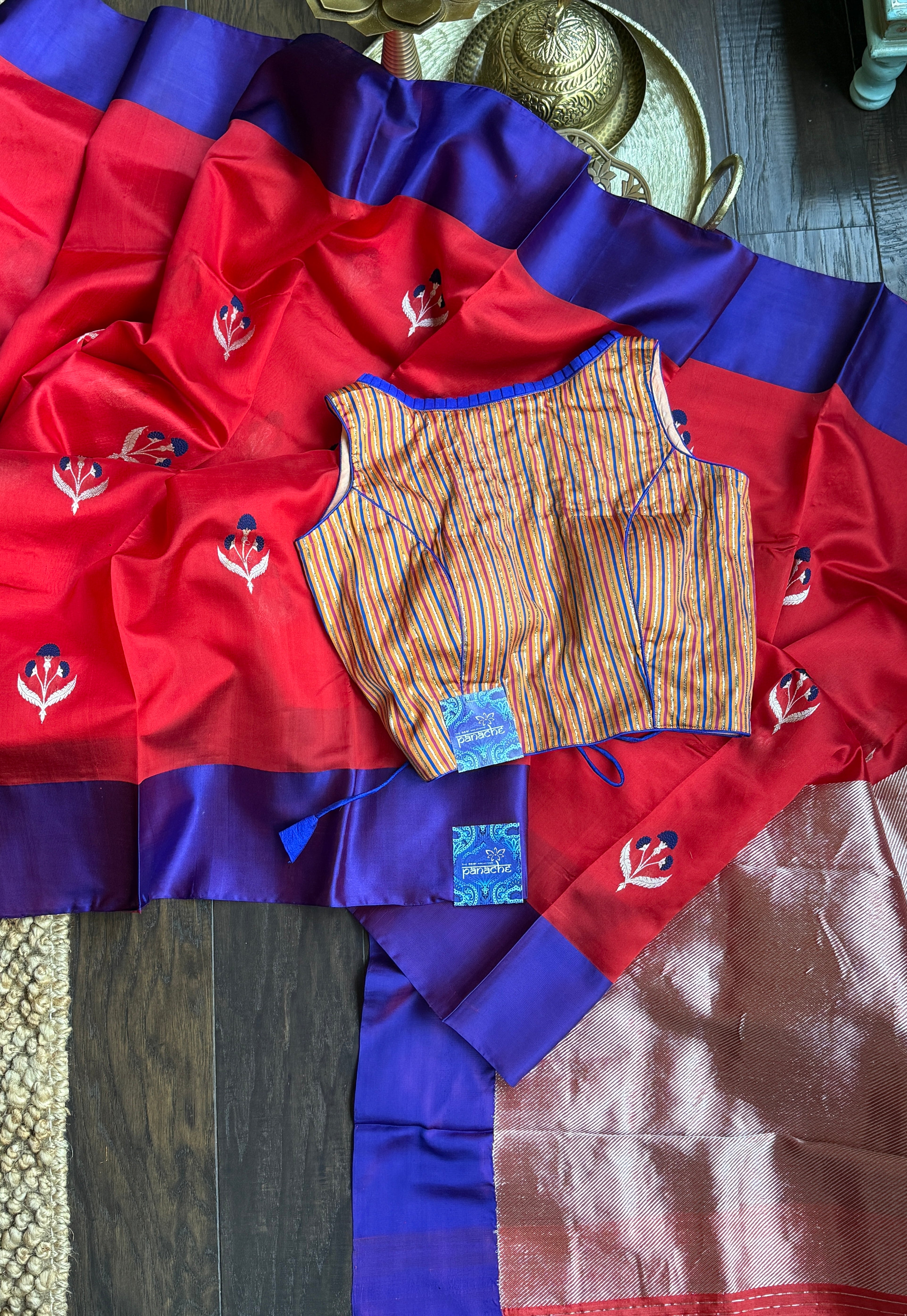 Pure Chanderi Pattu Silk Mashru - Red Meenakari