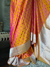 Pure Silk Mashru Silk Banarasi- Mustard Yellow Pink
