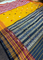 Sambalpuri Handloom Double Ikat *KATHIE-PHERA* Mulberry Silk saree - Off-white Red Yellow Black