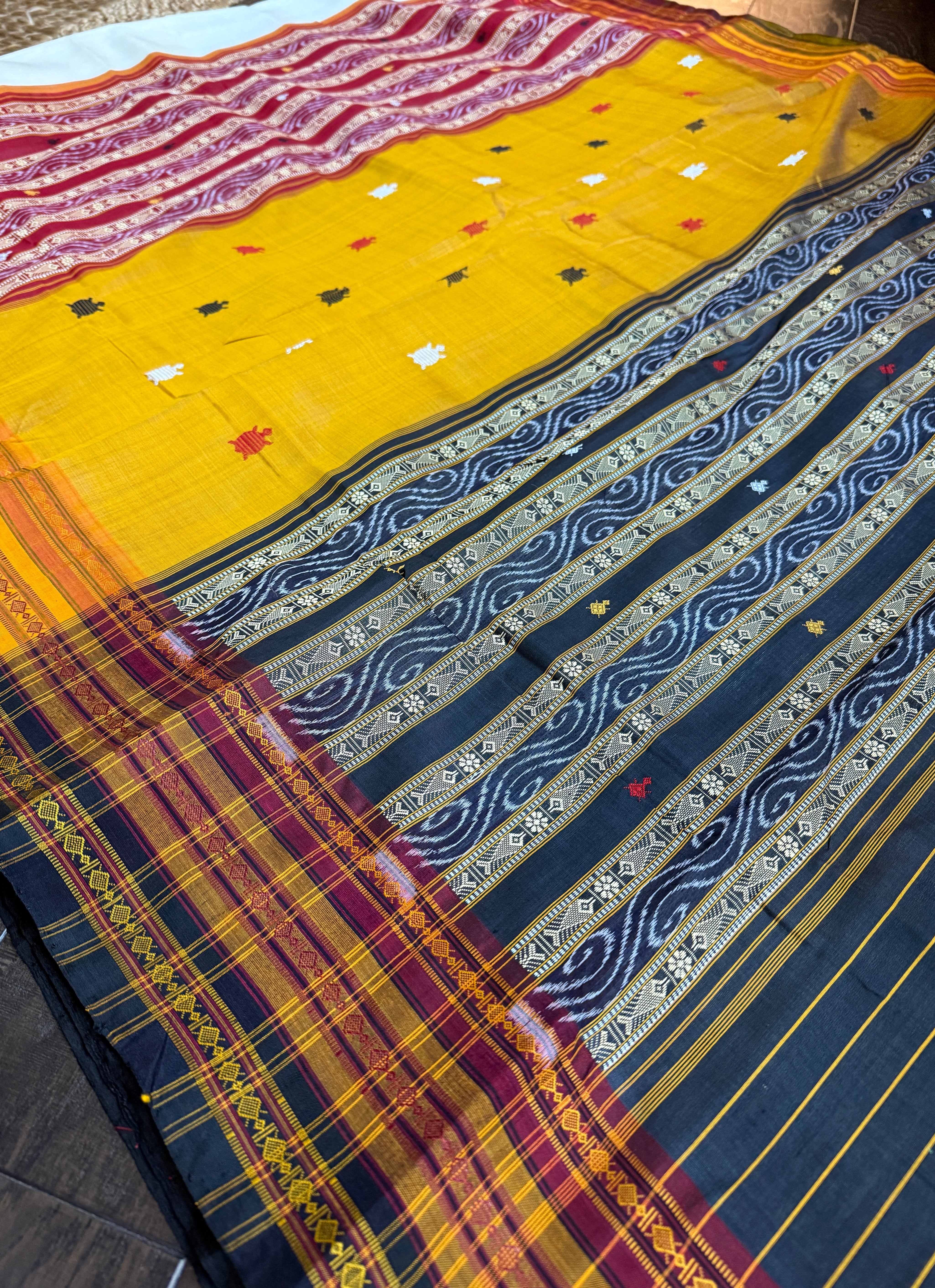 Sambalpuri Handloom Double Ikat *KATHIE-PHERA* Mulberry Silk saree - Off-white Red Yellow Black