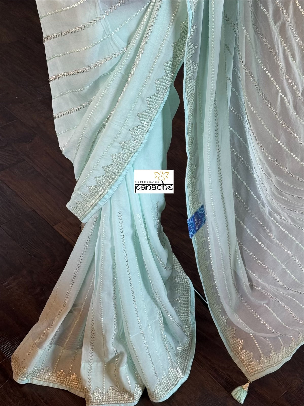 Designer Georgette Organza - Mint Hand Embroidered