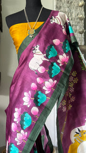 Hand Painted Tussar Silk - Purple Pichwai