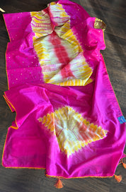 Soft Dupion Tie-Dye Saree - Pink Yellow