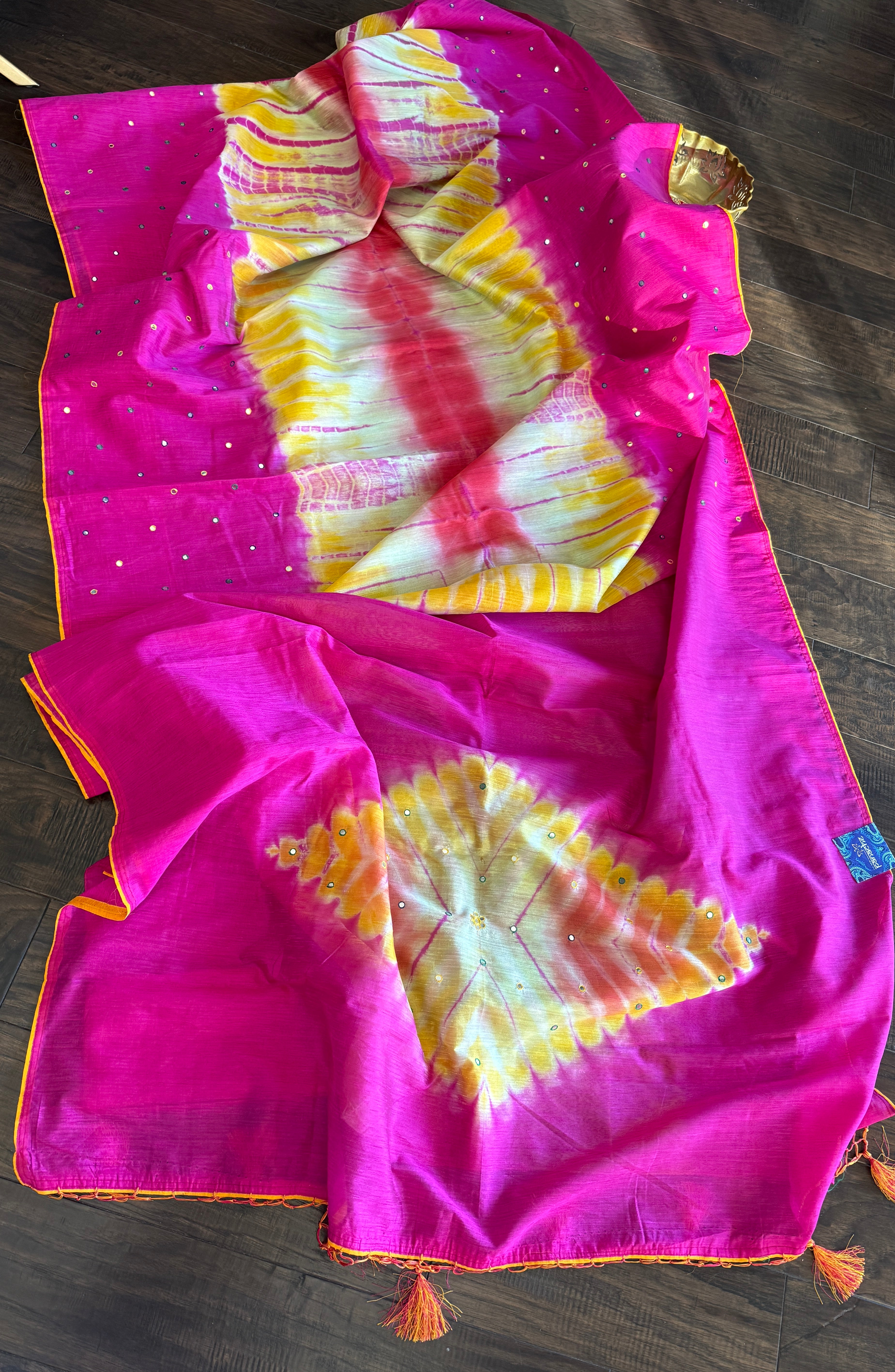Soft Dupion Tie-Dye Saree - Pink Yellow
