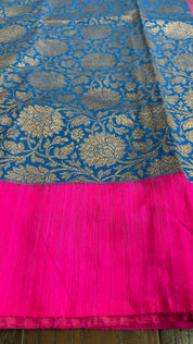 Raw Silk Banarasi - Blue Hot Pink Jaal Weave