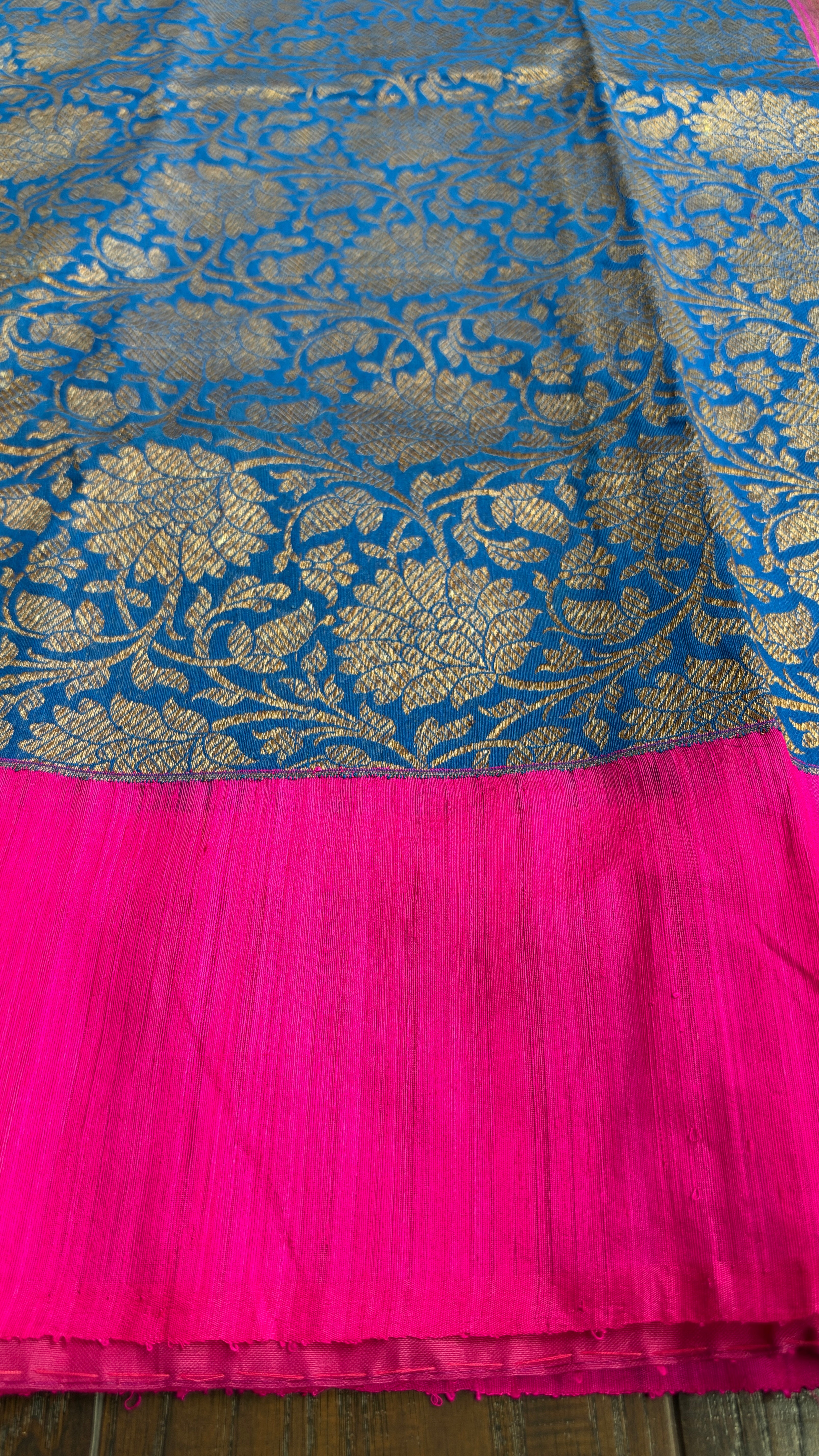 Raw Silk Banarasi - Blue Hot Pink Jaal Weave