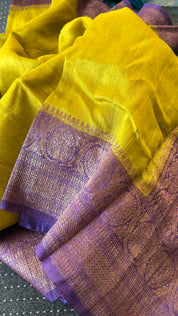 Tussar Silk Banarasi - Lemon Ochre Purple Antique Zari