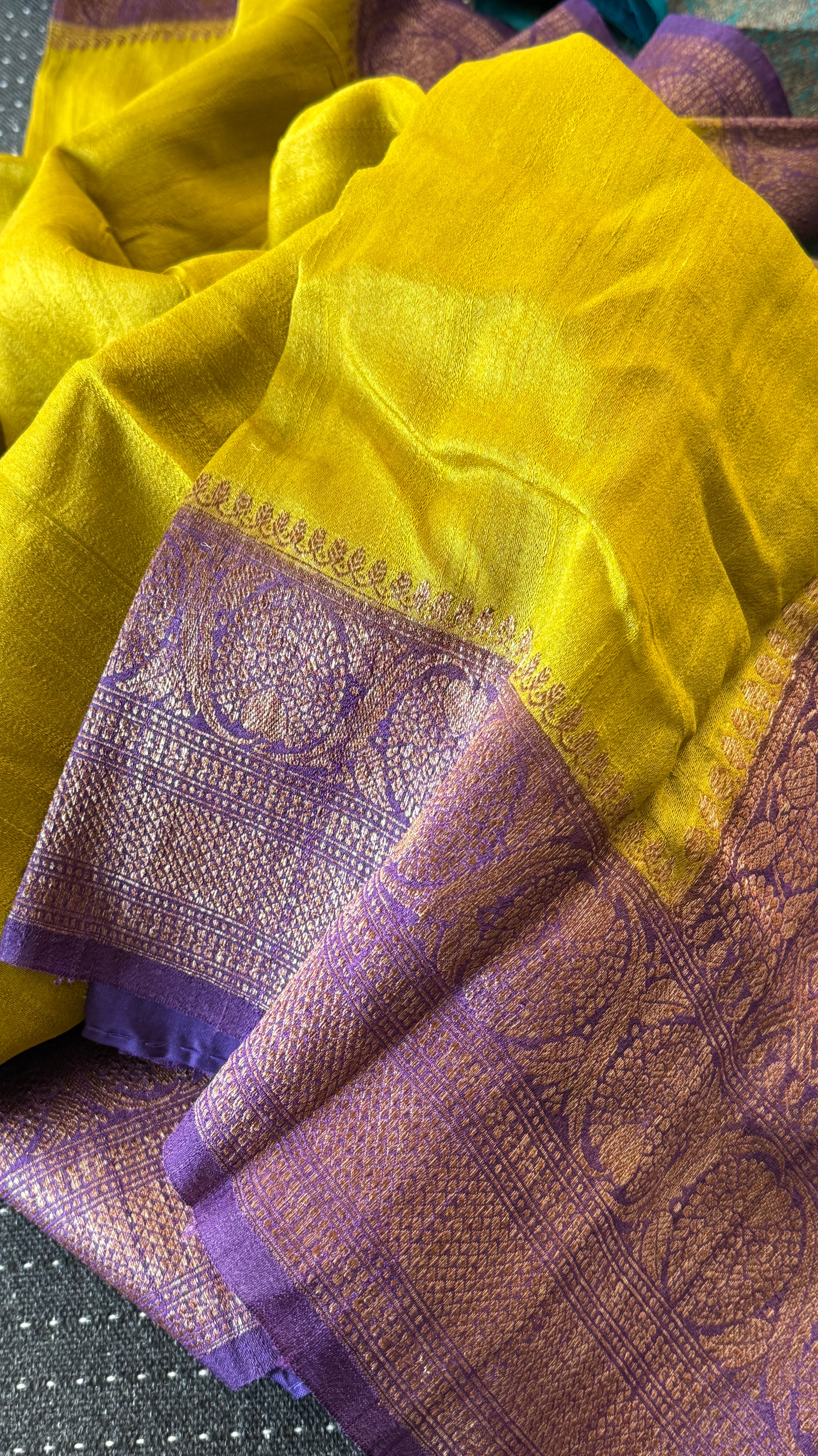 Tussar Silk Banarasi - Lemon Ochre Purple Antique Zari