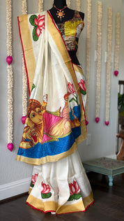 Hand Painted Tussar Silk - Cream White Ganesha