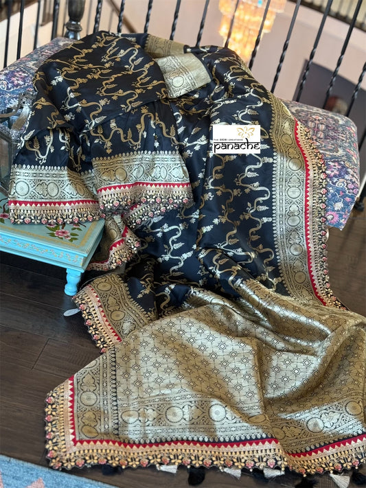 Designer Soft Silk Banarasi - Black Jaal Woven