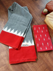 Pure Cotton Ikat - Grey Red Pochampolly