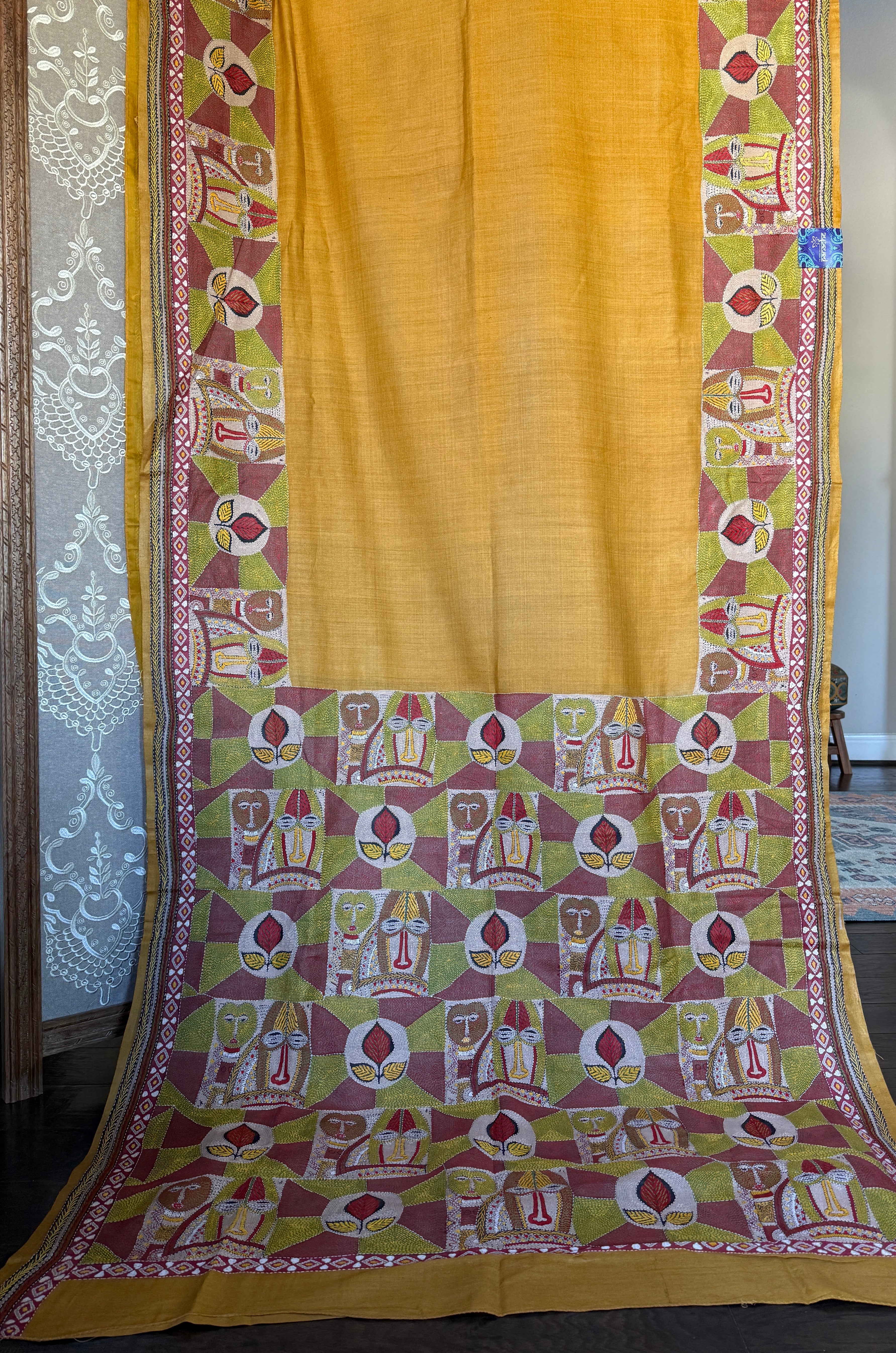 Pure Tussar Silk Kantha Stitch -  Yellow Mask