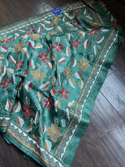 Pure Tussar Silk Kantha Stitch -  Dark Green Multi Color