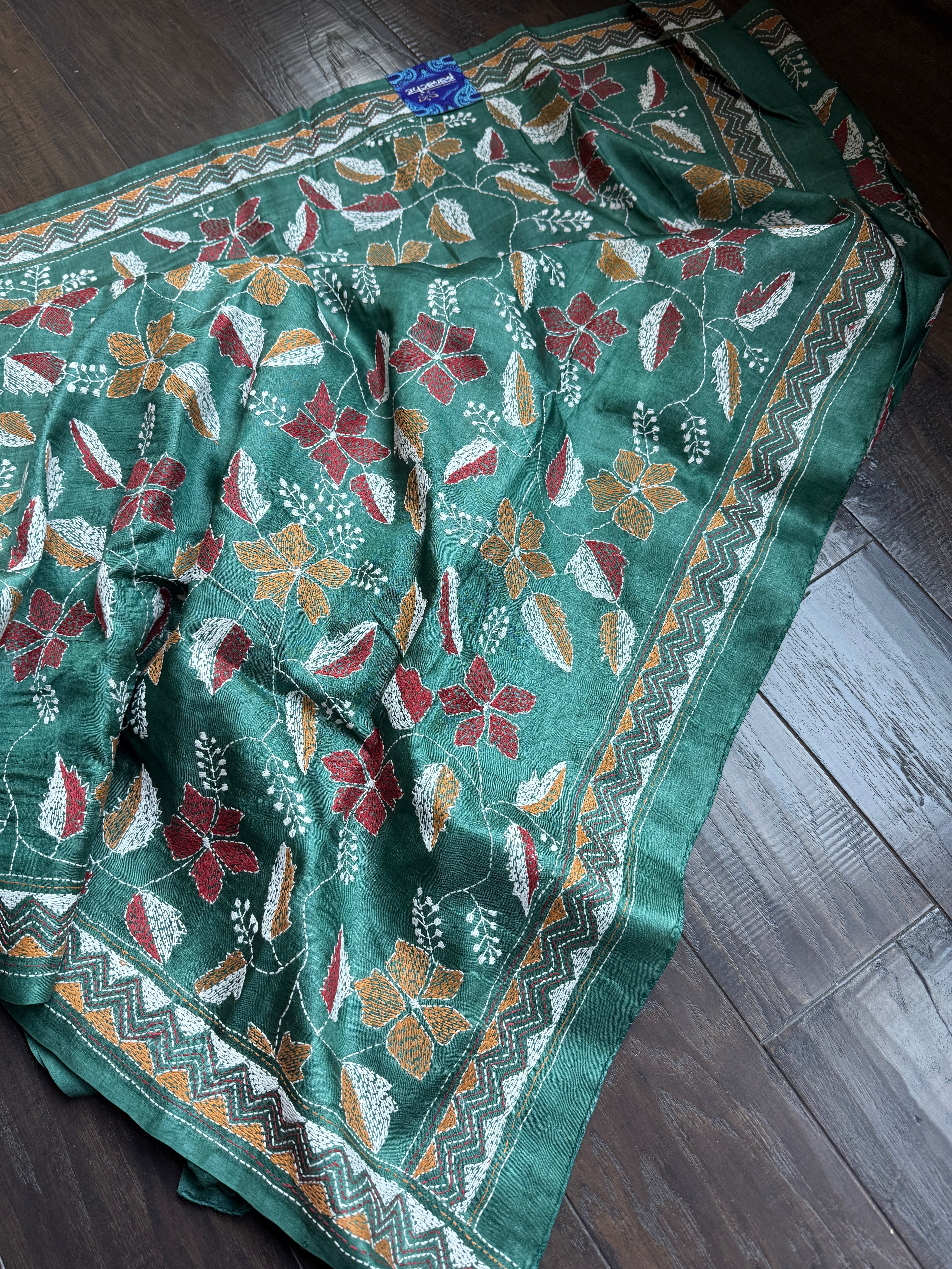 Pure Tussar Silk Kantha Stitch -  Dark Green Multi Color