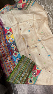Pure Vidarbha Tussar Lambani - Beige Hand Embroidered