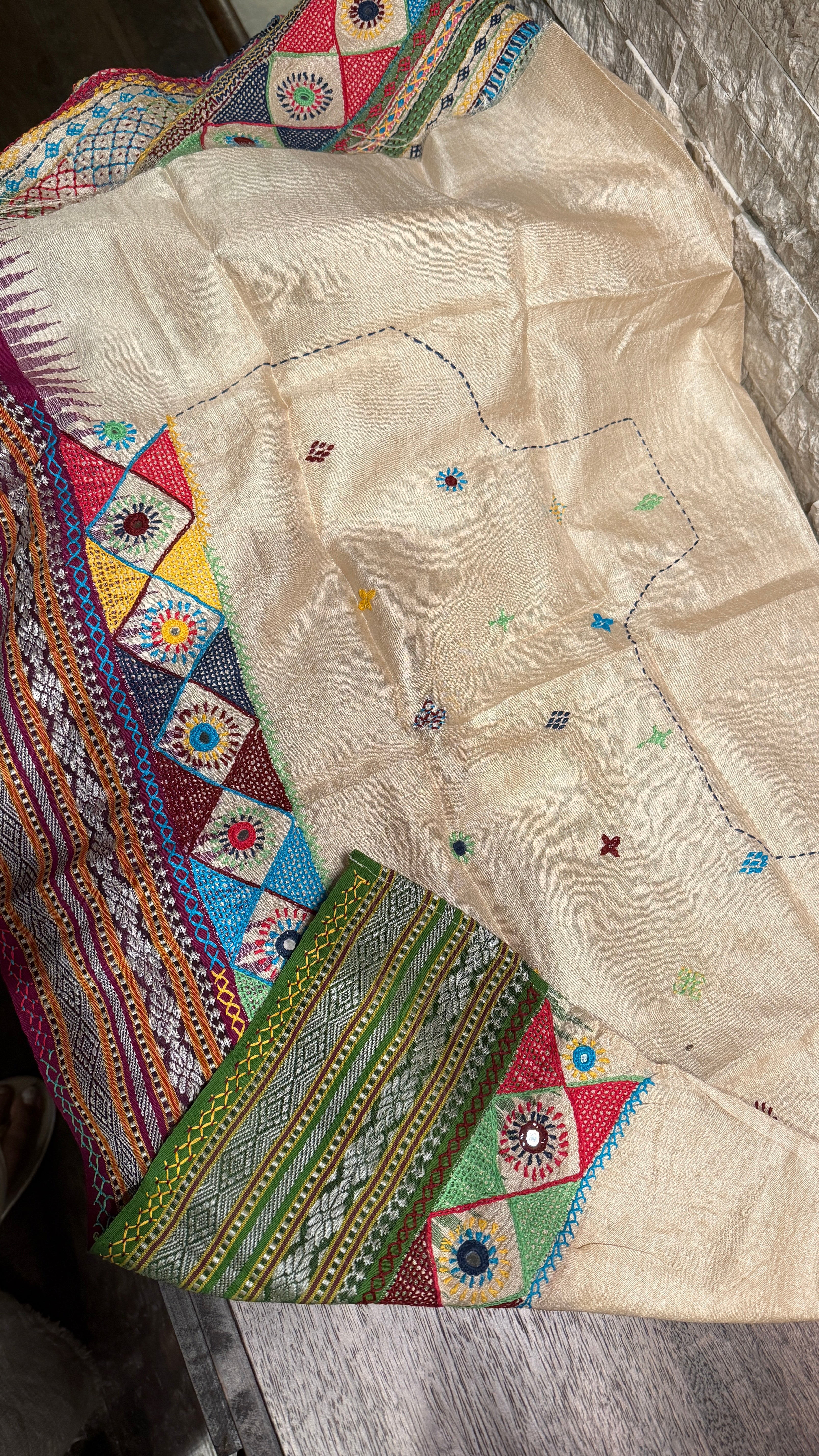 Pure Vidarbha Tussar Lambani - Beige Hand Embroidered