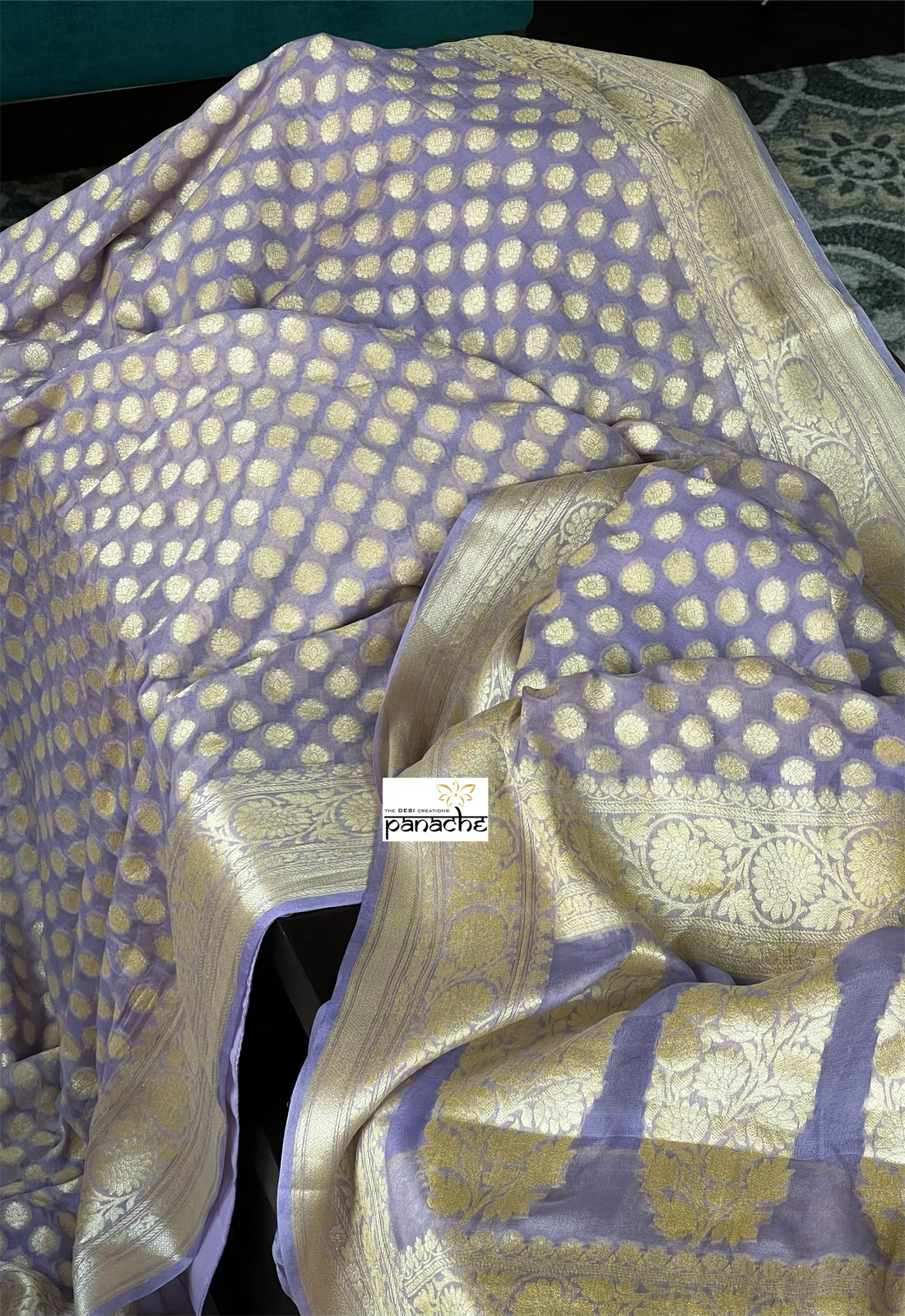 Georgette Silk Banaras - Light Lavender Grey Golden Zari