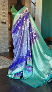 Tussar Georgette Banarasi - Purple Blue Mughal Inspired