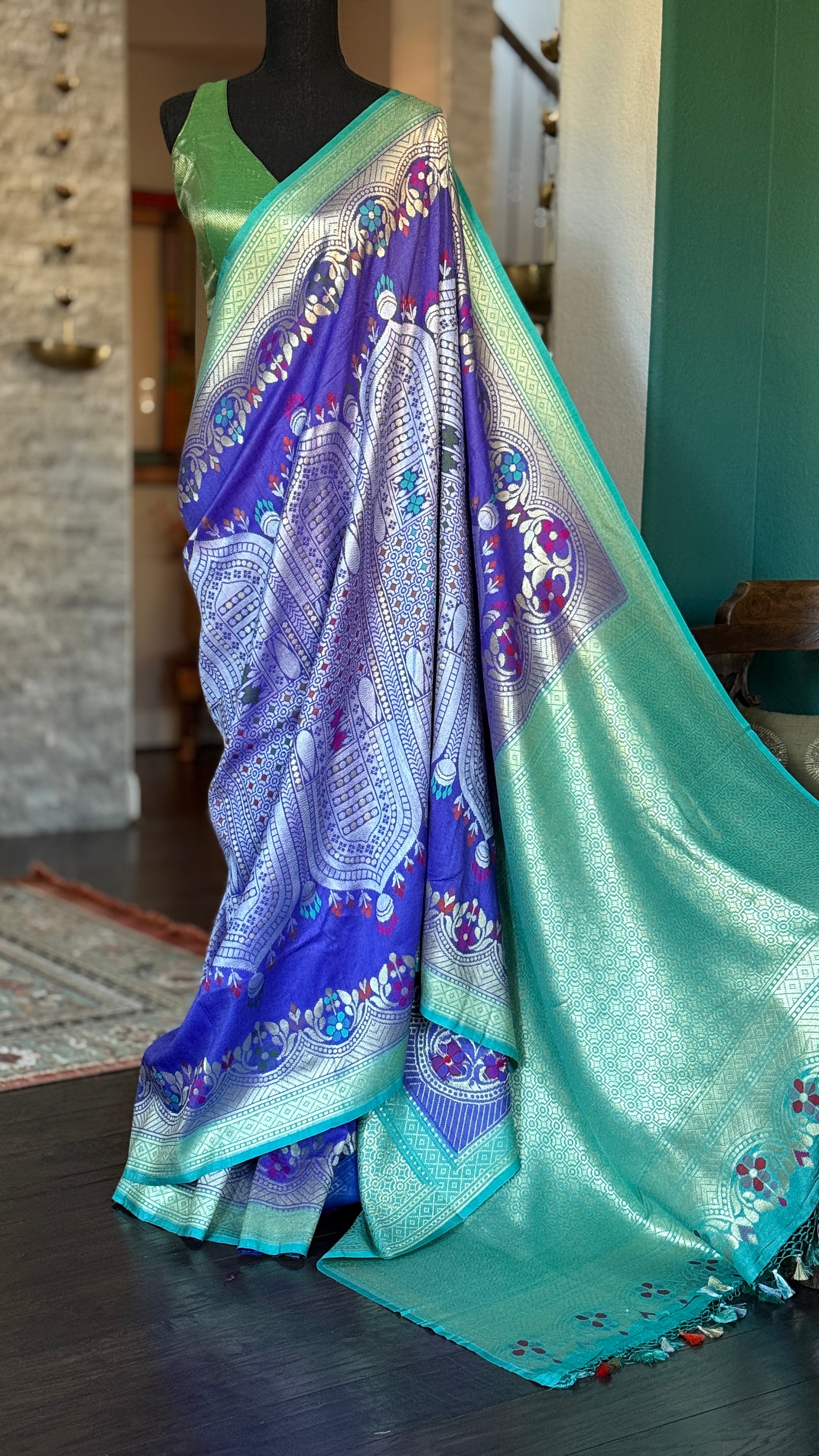 Tussar Georgette Banarasi - Purple Blue Mughal Inspired