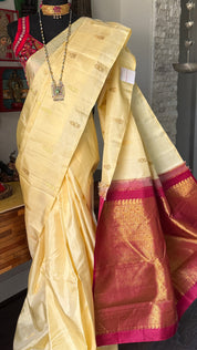 Pure Silk Borderless Kanjivaram - Butter Yellow Magenta Woven