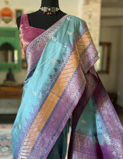 Pure Silk Katan Banarasi- Light Blue Kadhua Antique Silver Zari