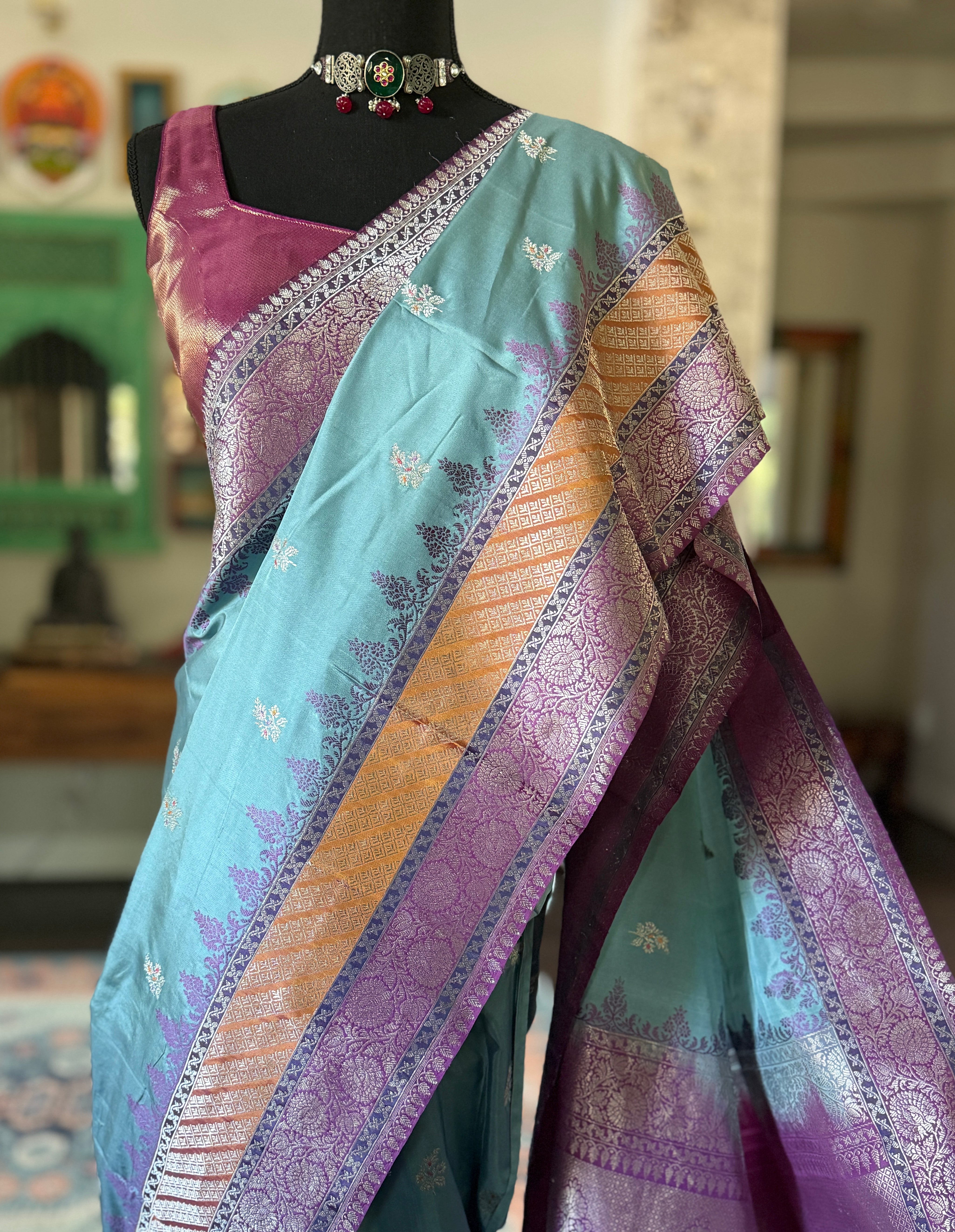 Pure Silk Katan Banarasi- Light Blue Kadhua Antique Silver Zari