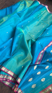 Pure Chanderi Organza Silk - Firozi and Green Shaded