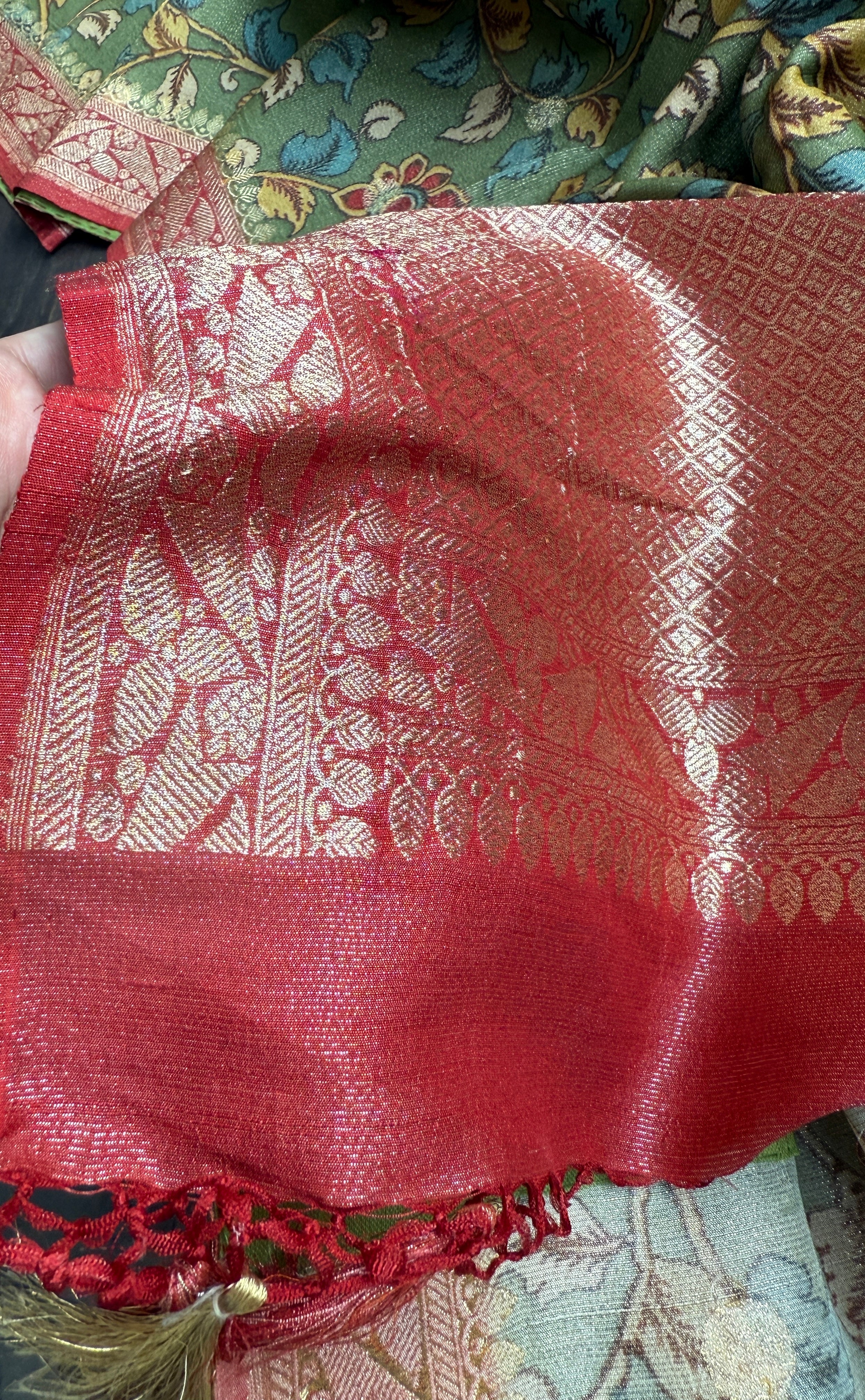 Tussar Silk Kalamkari Banarasi- Green Red