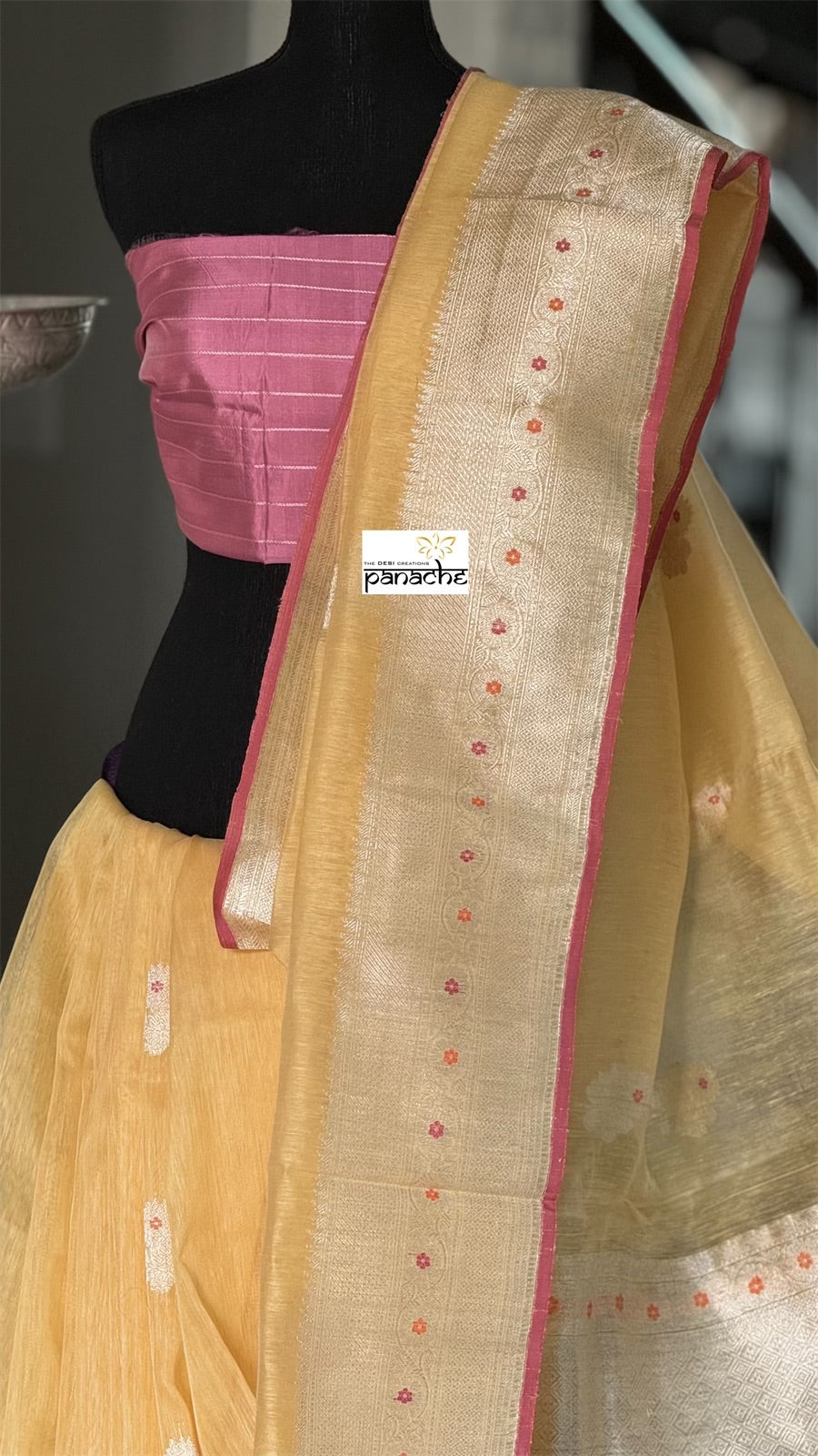 Linen Silk Banarasi - Yellow Pink