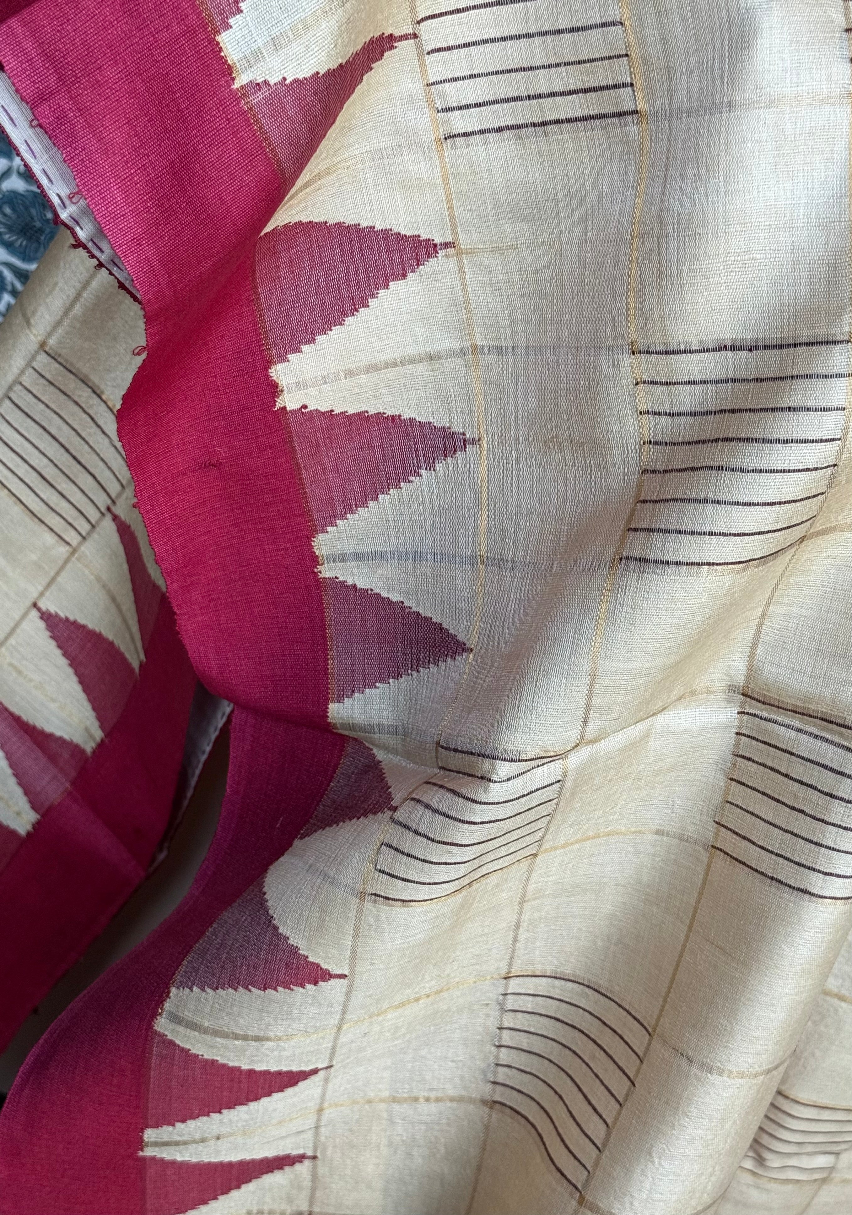 Pure Tussar Silk - Beige Maroon