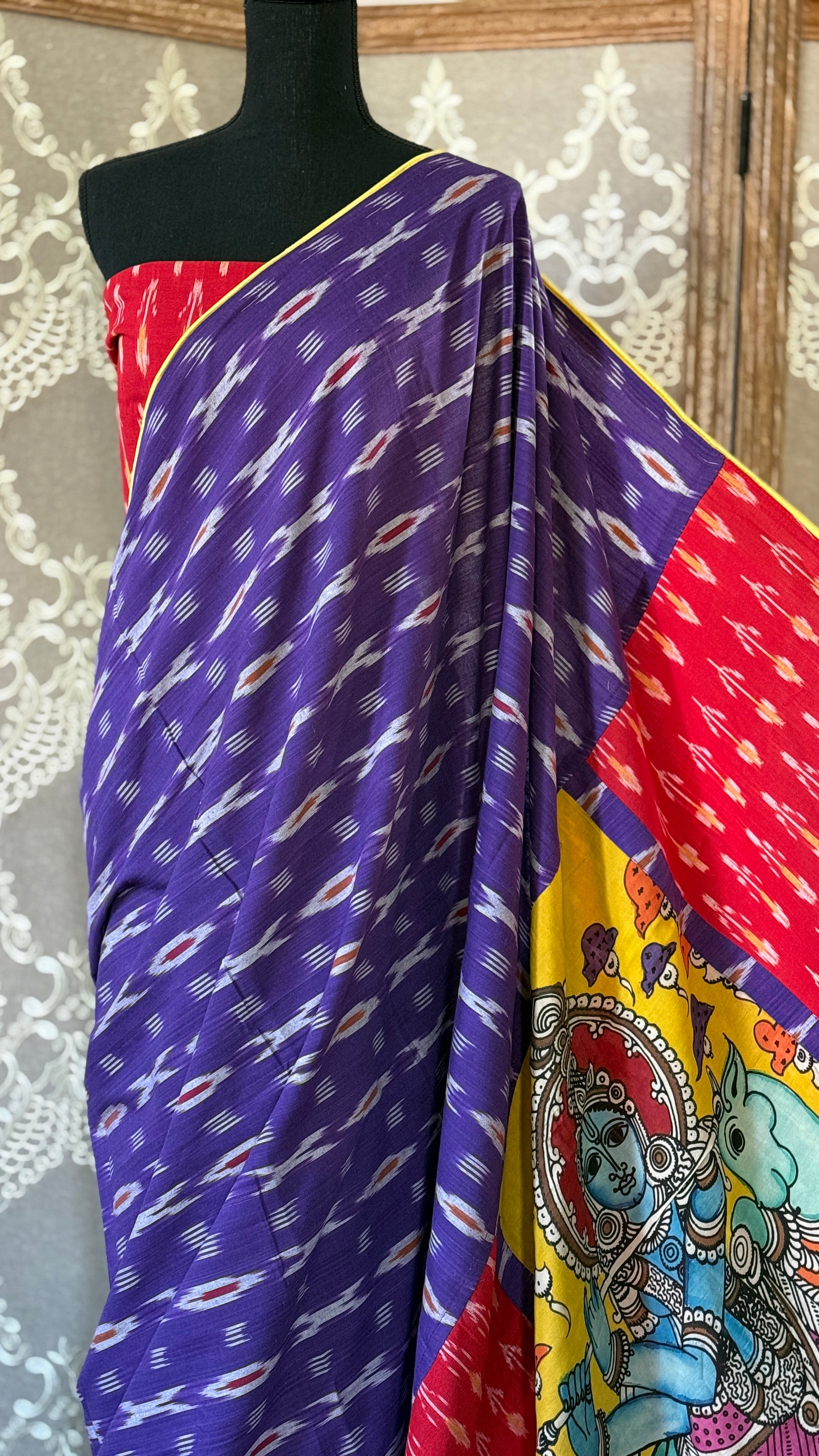 Designer Pure Cotton Ikat Krishna - Purple Yellow Red