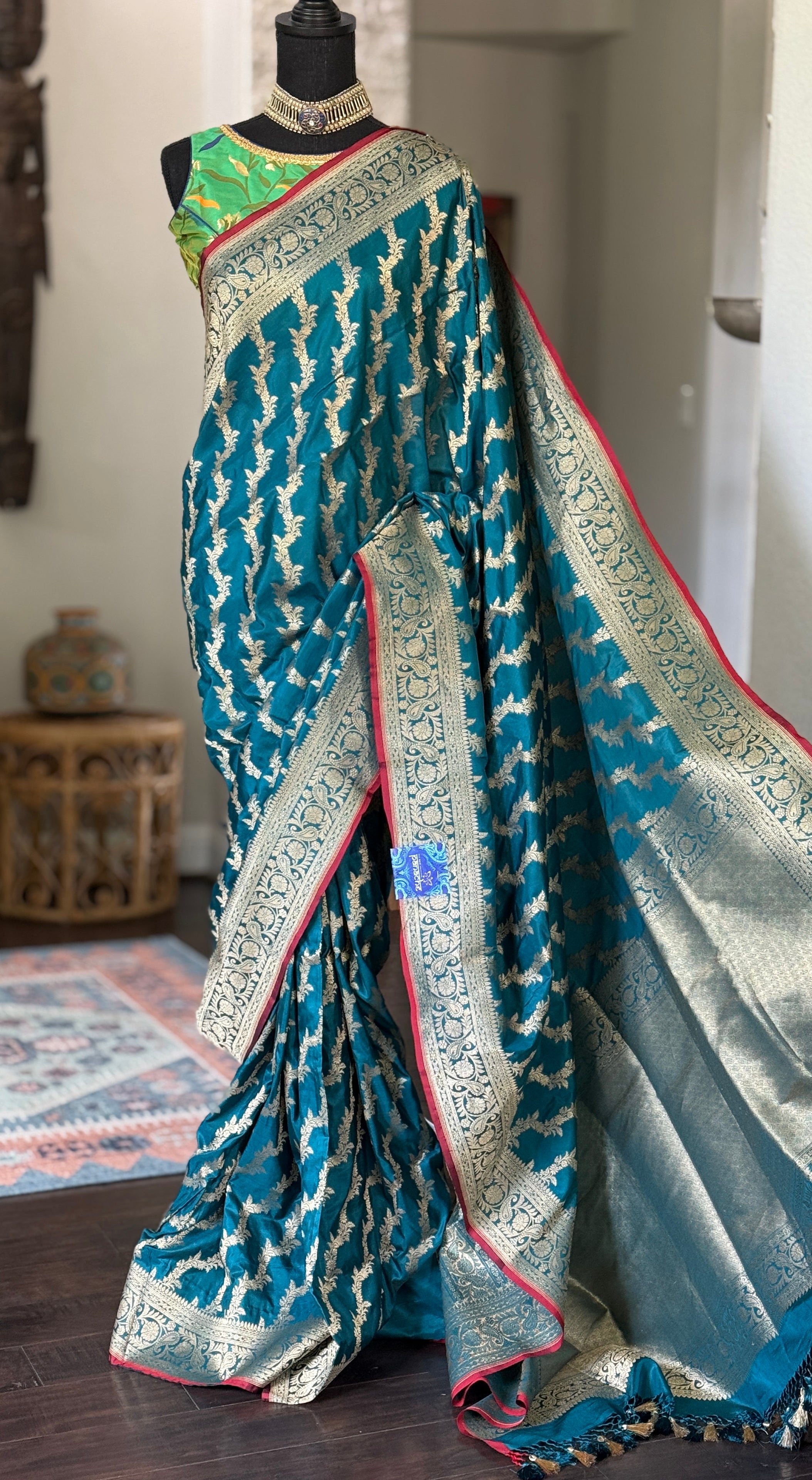 Katan Silk Leheriya Banarasi - Teal Blue Antique Zari