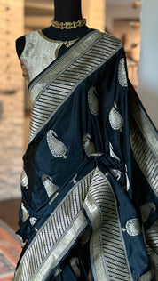 Pure Katan Silk Banarasi - Black Zari Paiesley