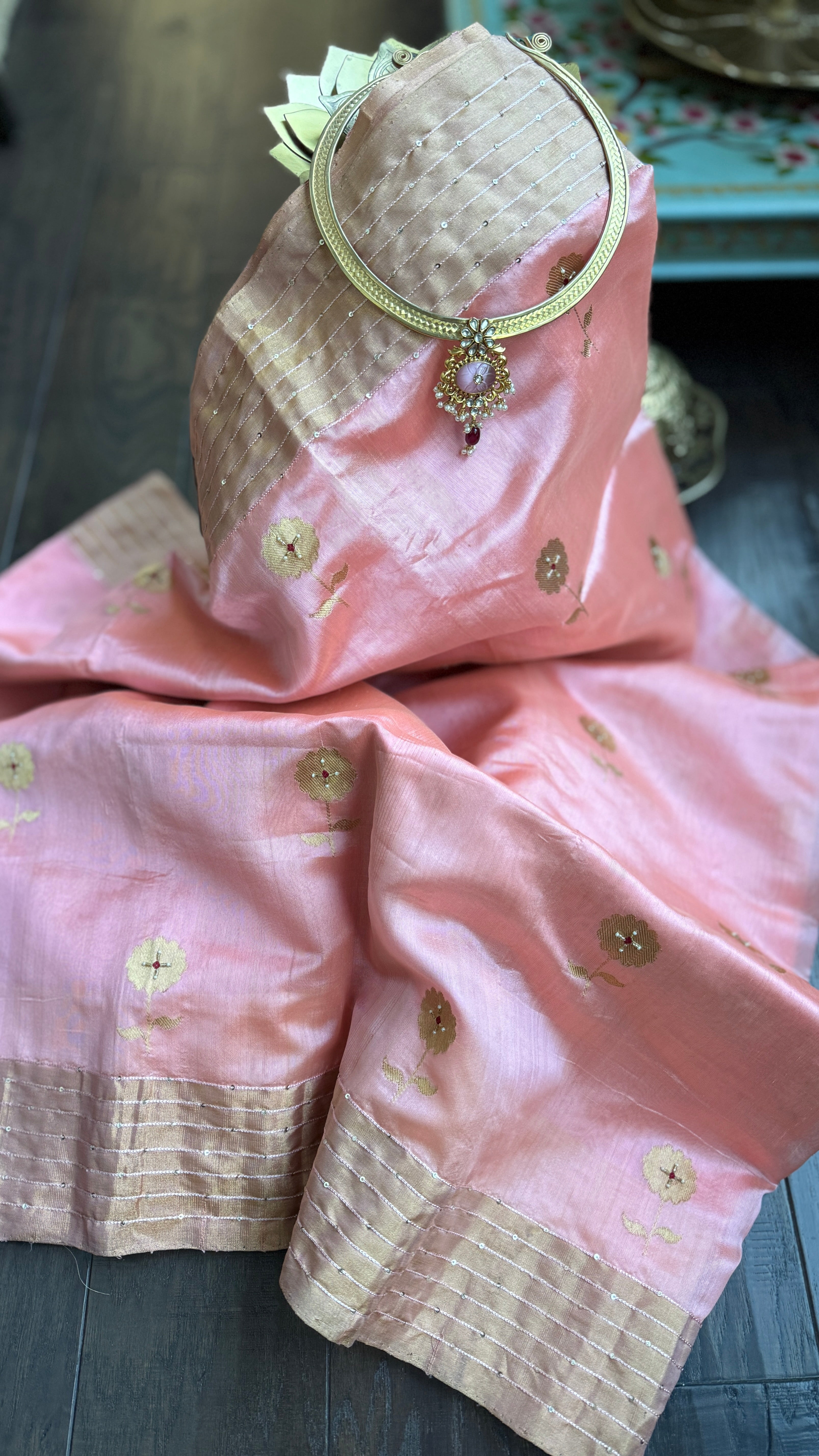 Hand Zardozi Pure Chanderi Pattu Silk - Blush Pink Eknaliya Woven