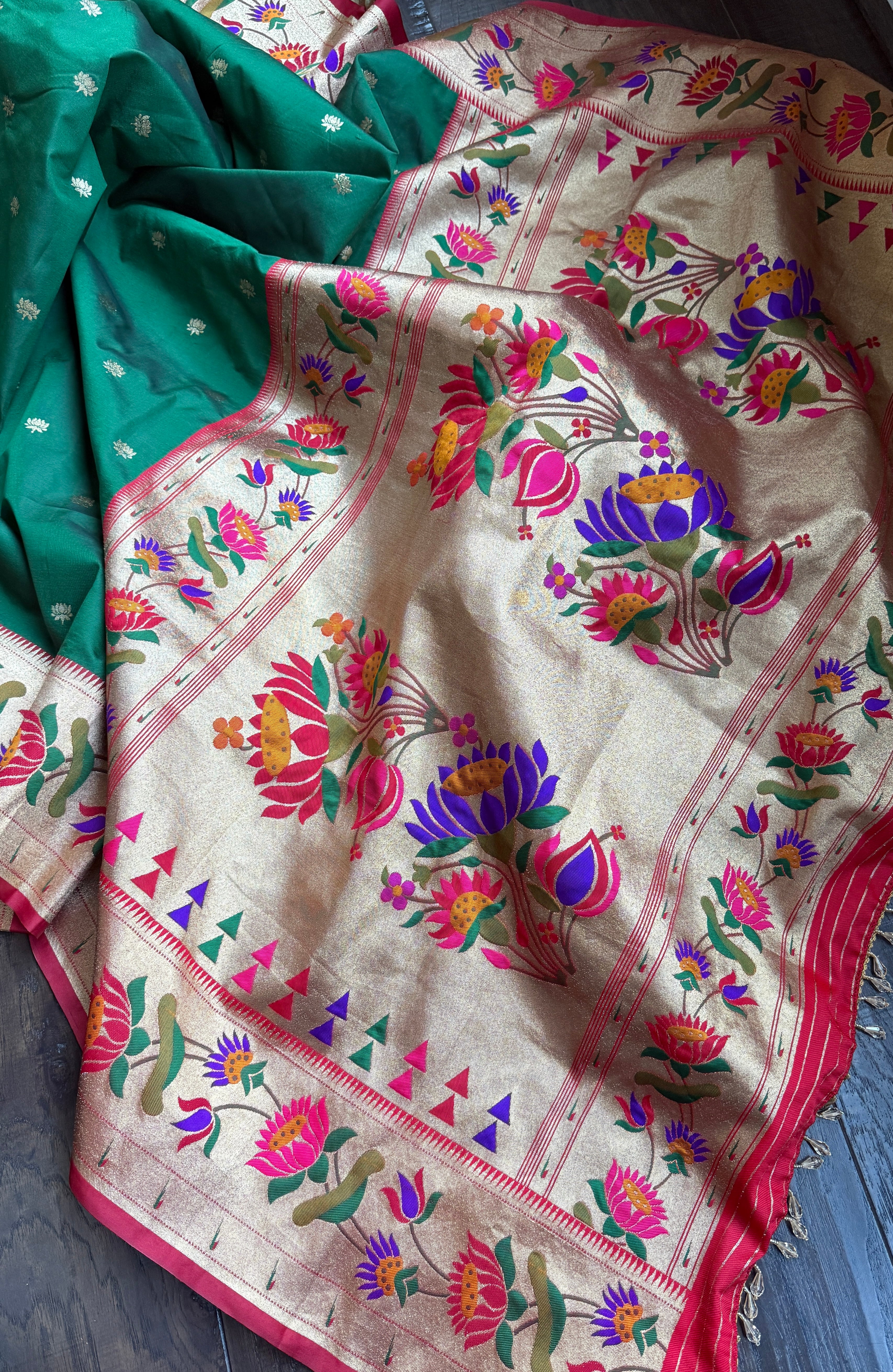 Pure Silk Paithani Single Munia - Green Red Woven
