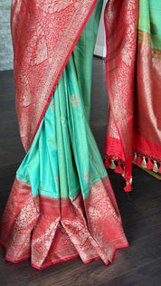 Pure Tassur Silk Banarasi - Sea Green Red