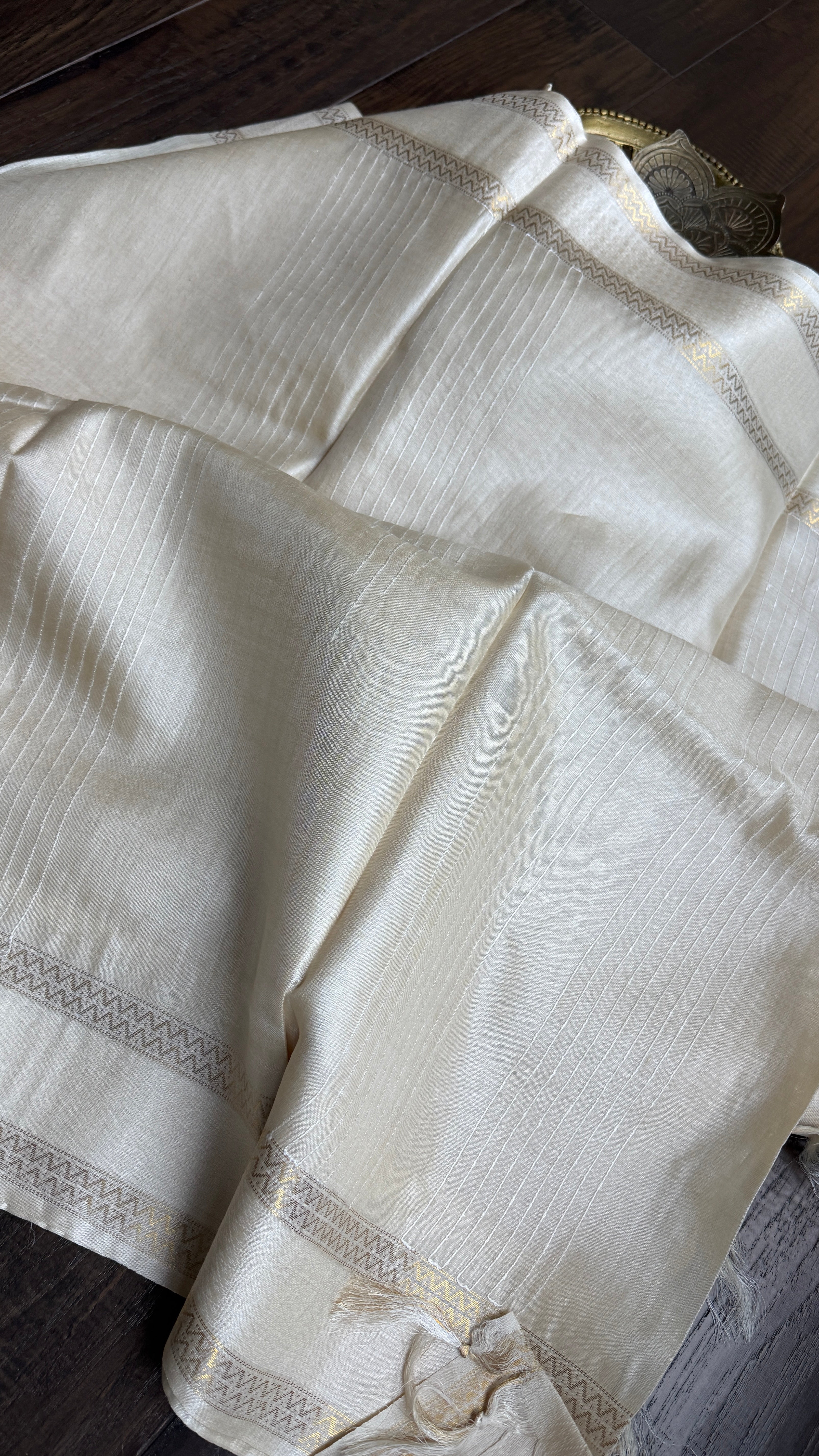Pure Tussar Silk - Cream Beige Golden Zari Woven3