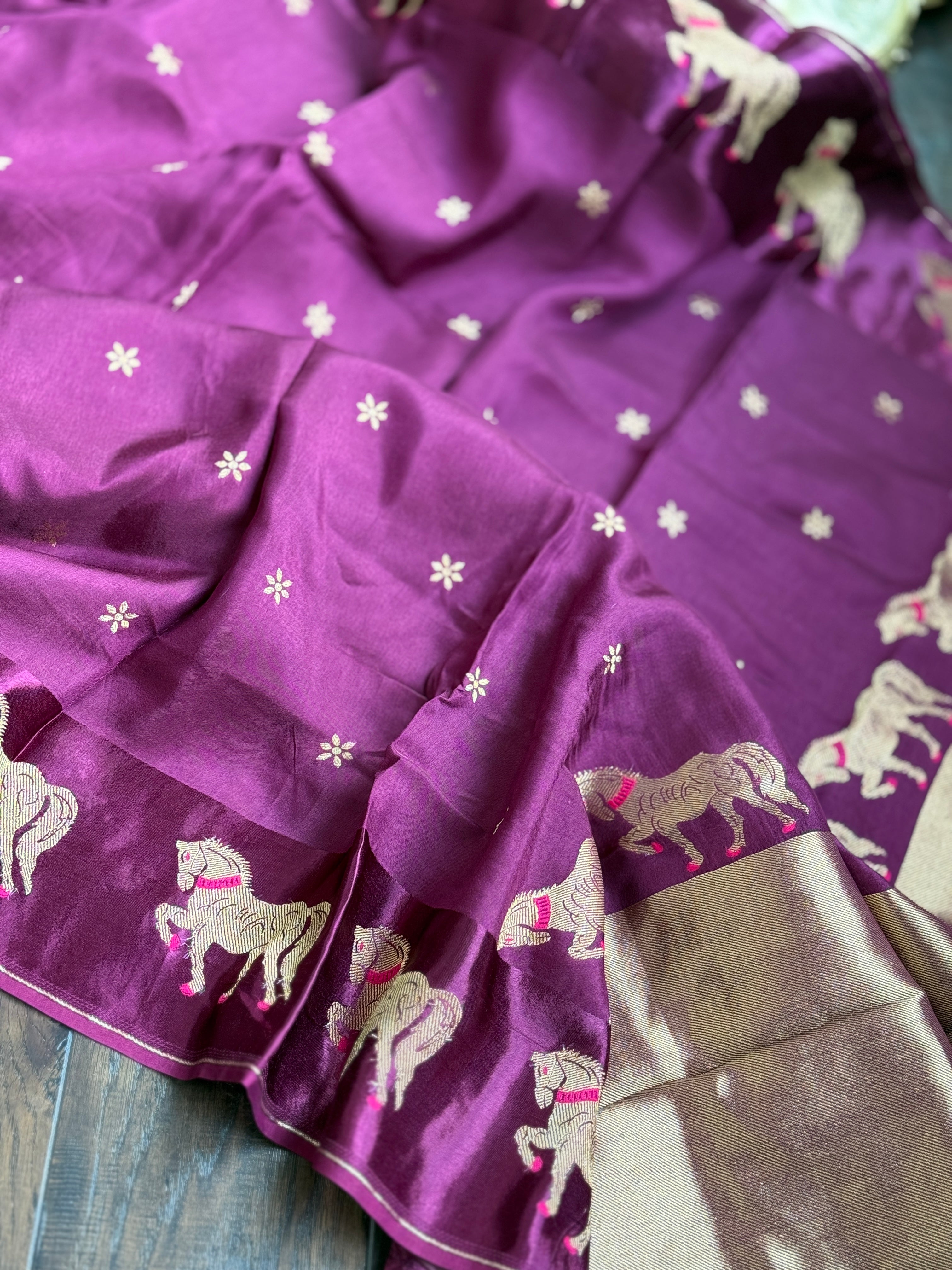 Designer Satin Silk - Purple Horse Woven