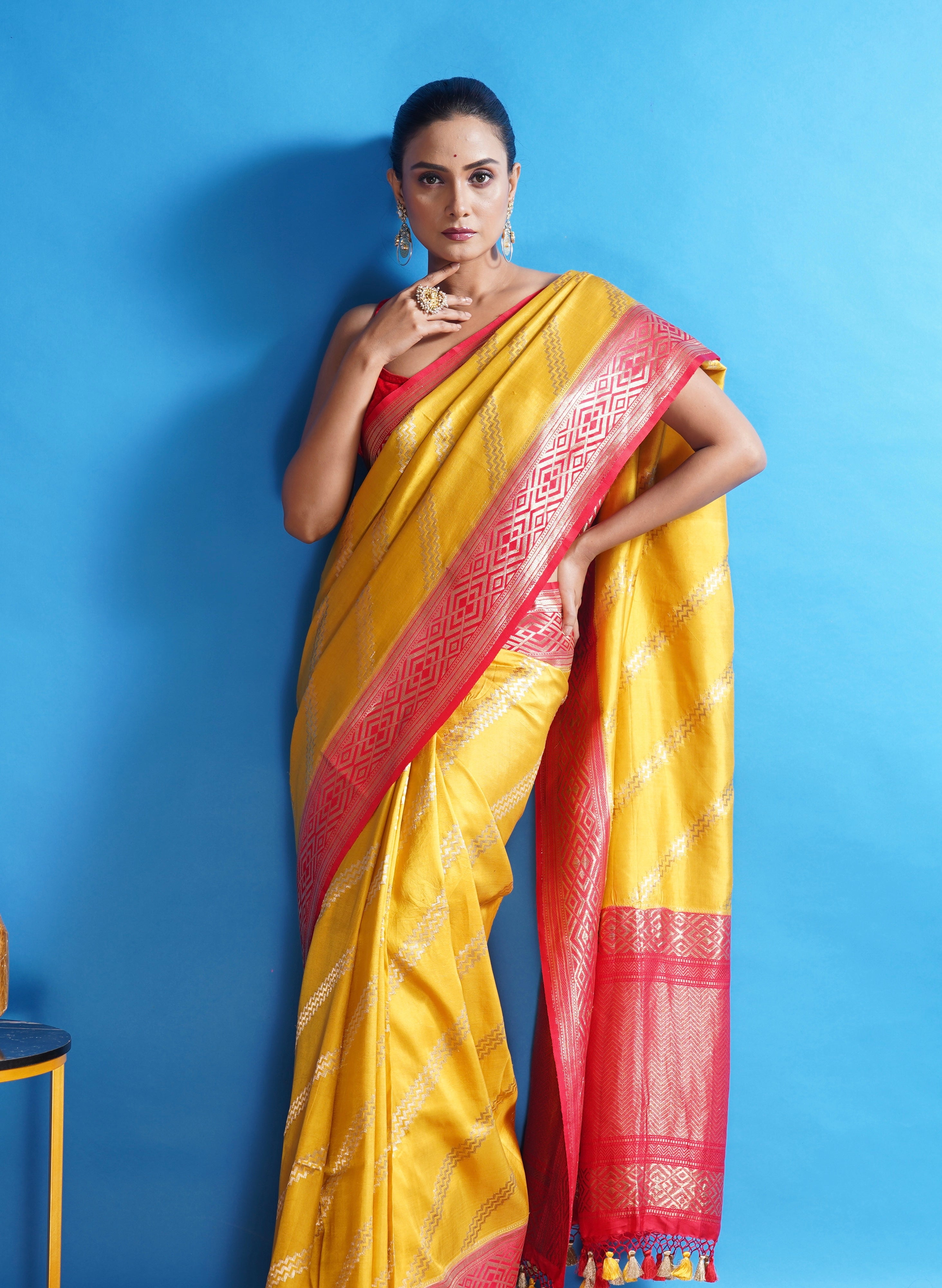 Pure Silk Katan Banarasi- Yellow Red Kadhua