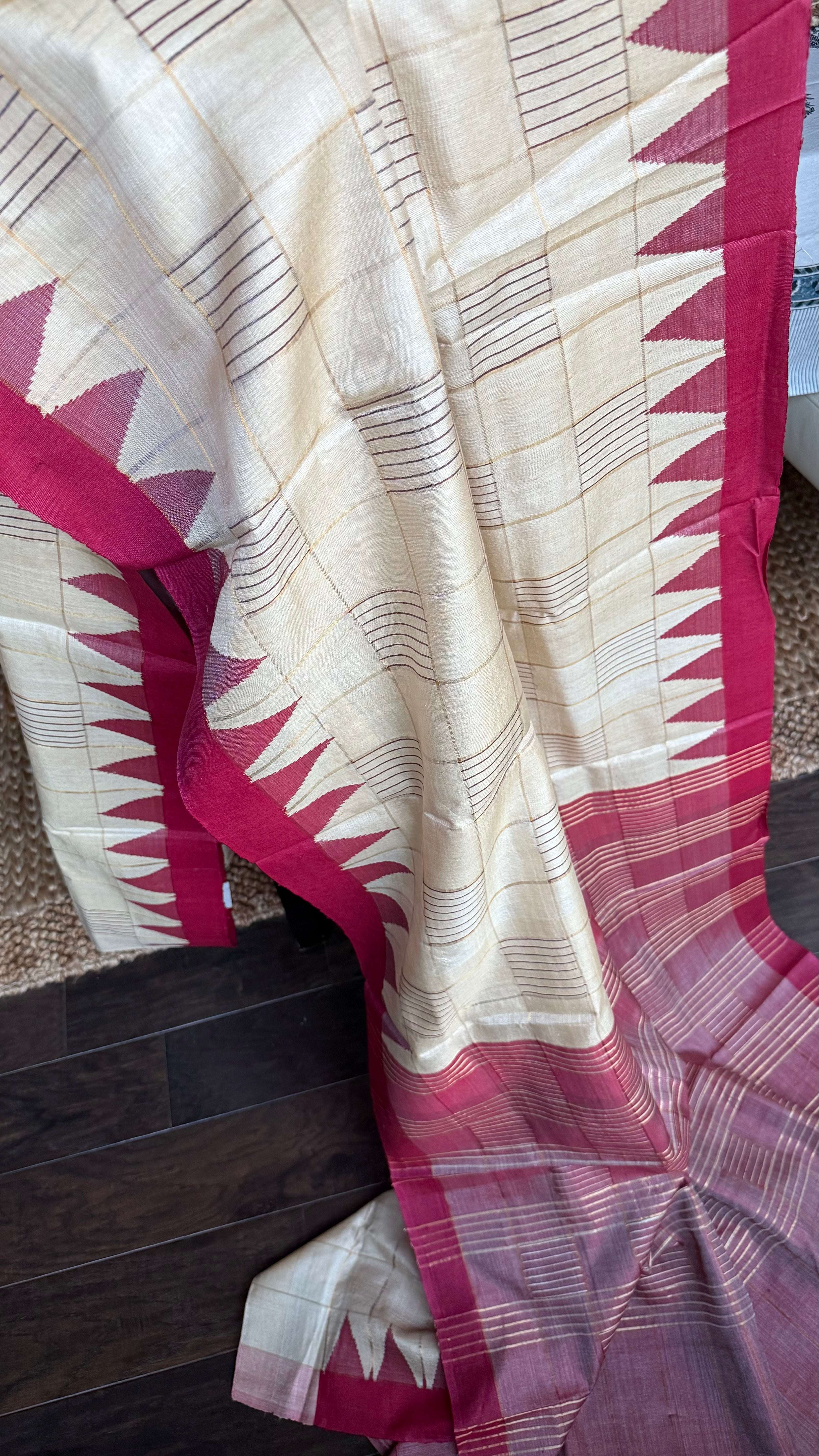 Pure Tussar Silk - Beige Maroon