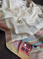 Pure Tussar Silk Lambani - Beige Zari Checks Hand Embroidered