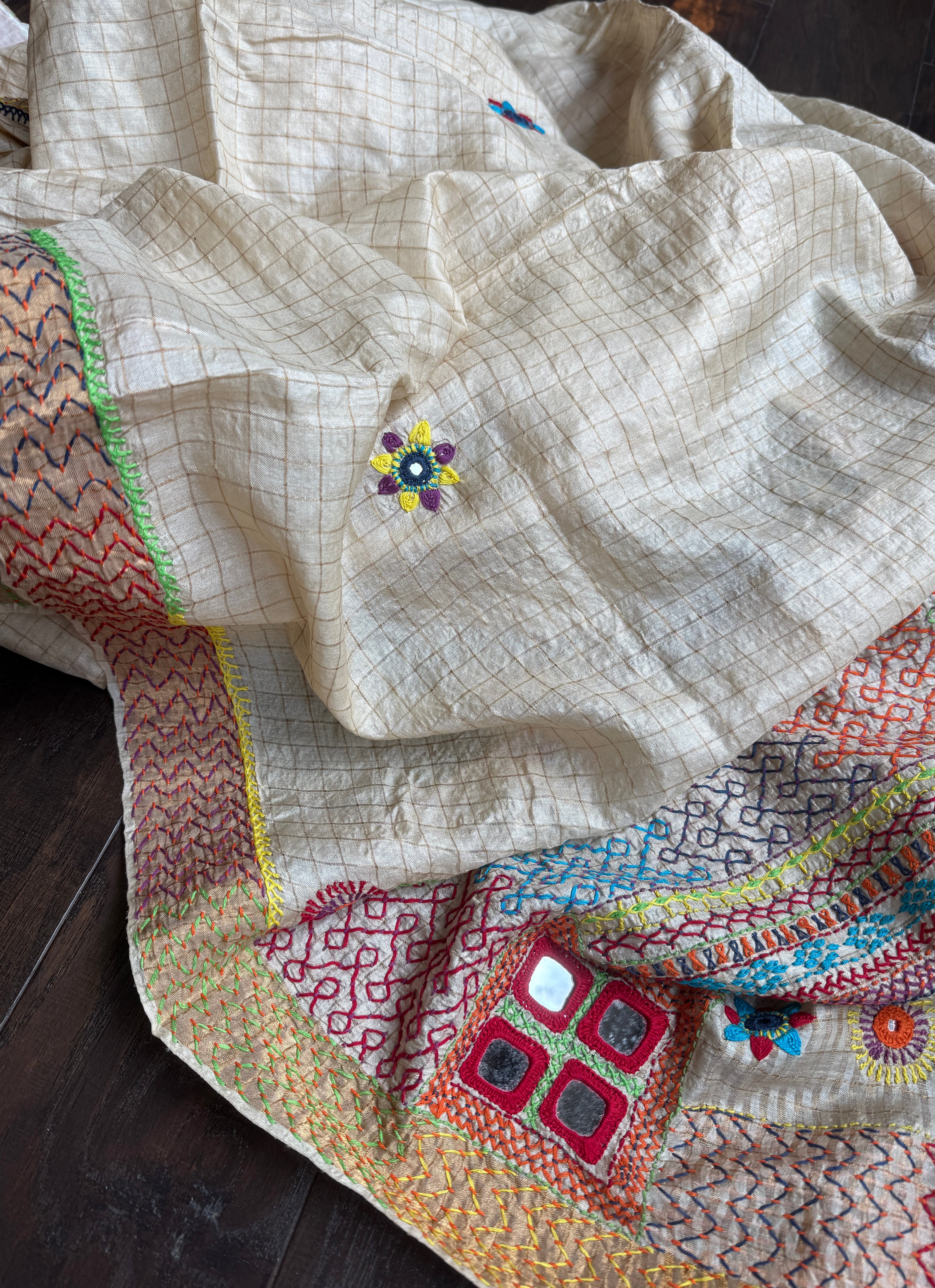 Pure Tussar Silk Lambani - Beige Zari Checks Hand Embroidered