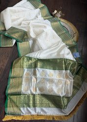 Pure Chanderi Pattu Silk - Cream Green Gold Zari Woven