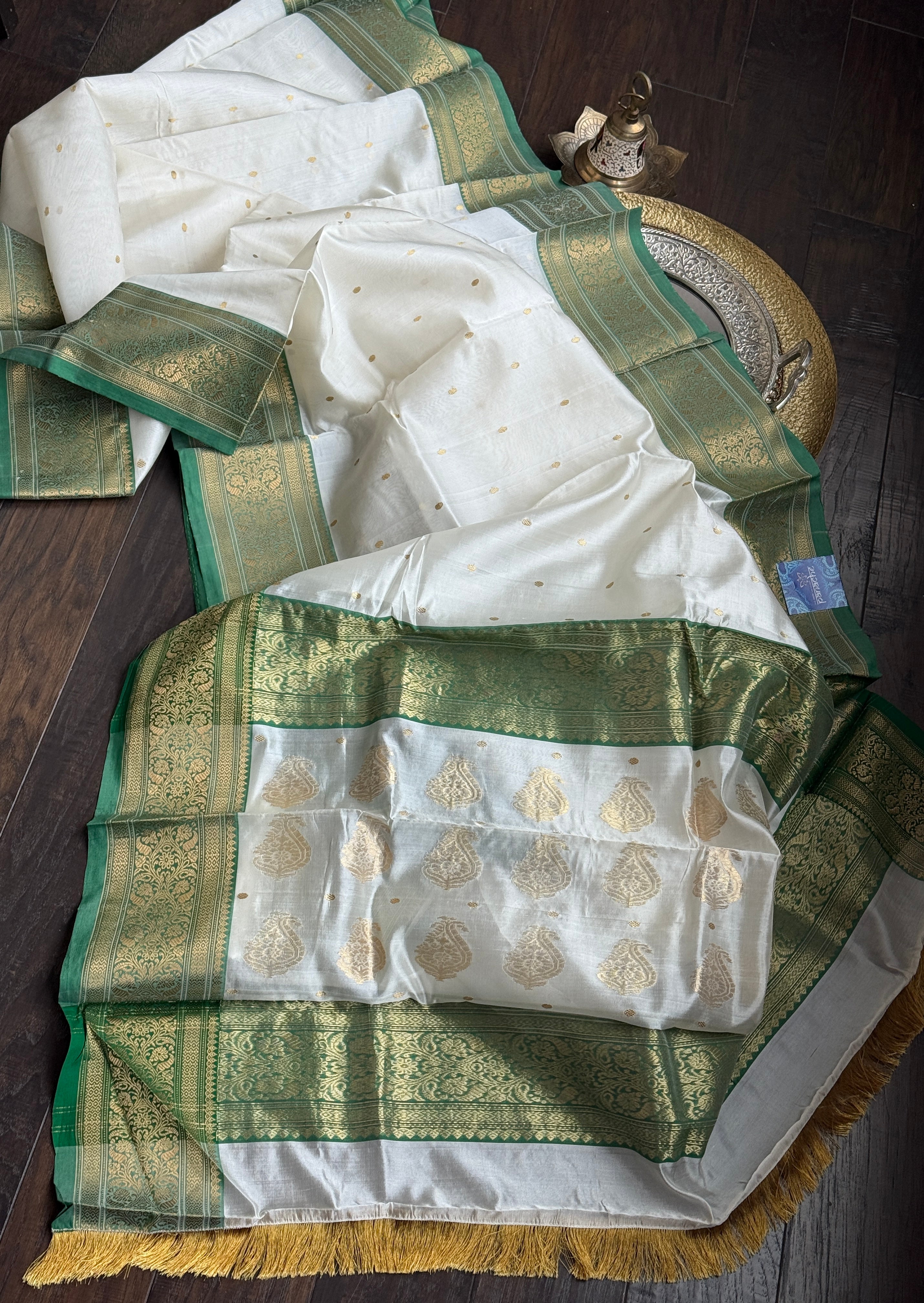 Pure Chanderi Pattu Silk - Cream Green Gold Zari Woven