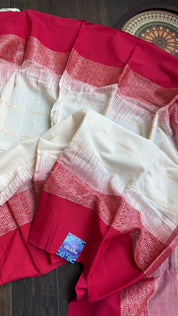 Pure Khadi Cotton Jamdani Handwoven - Off White Red Zari