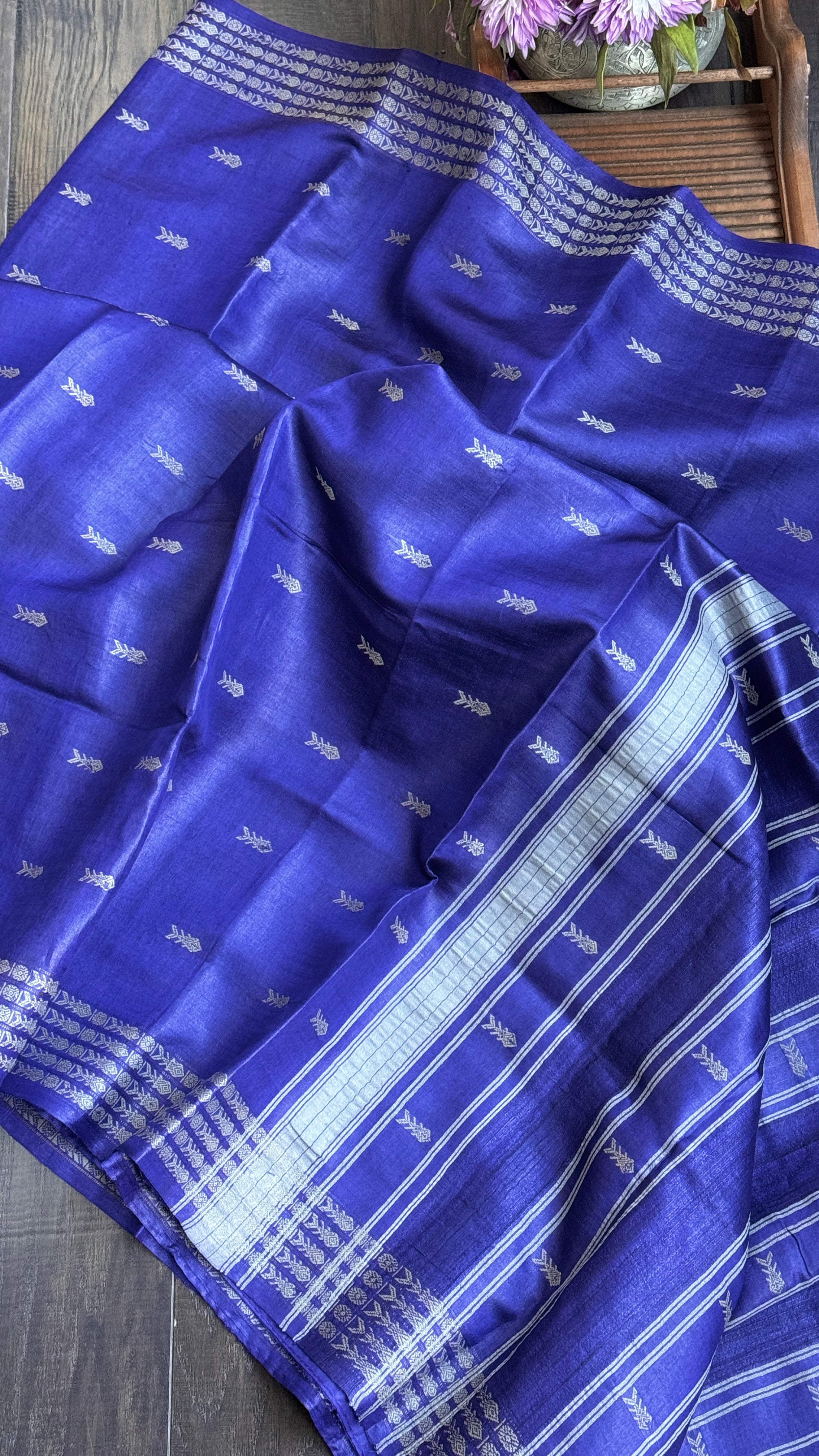 Handwoven Tussar Silk - Purplish Blue Golden Zari