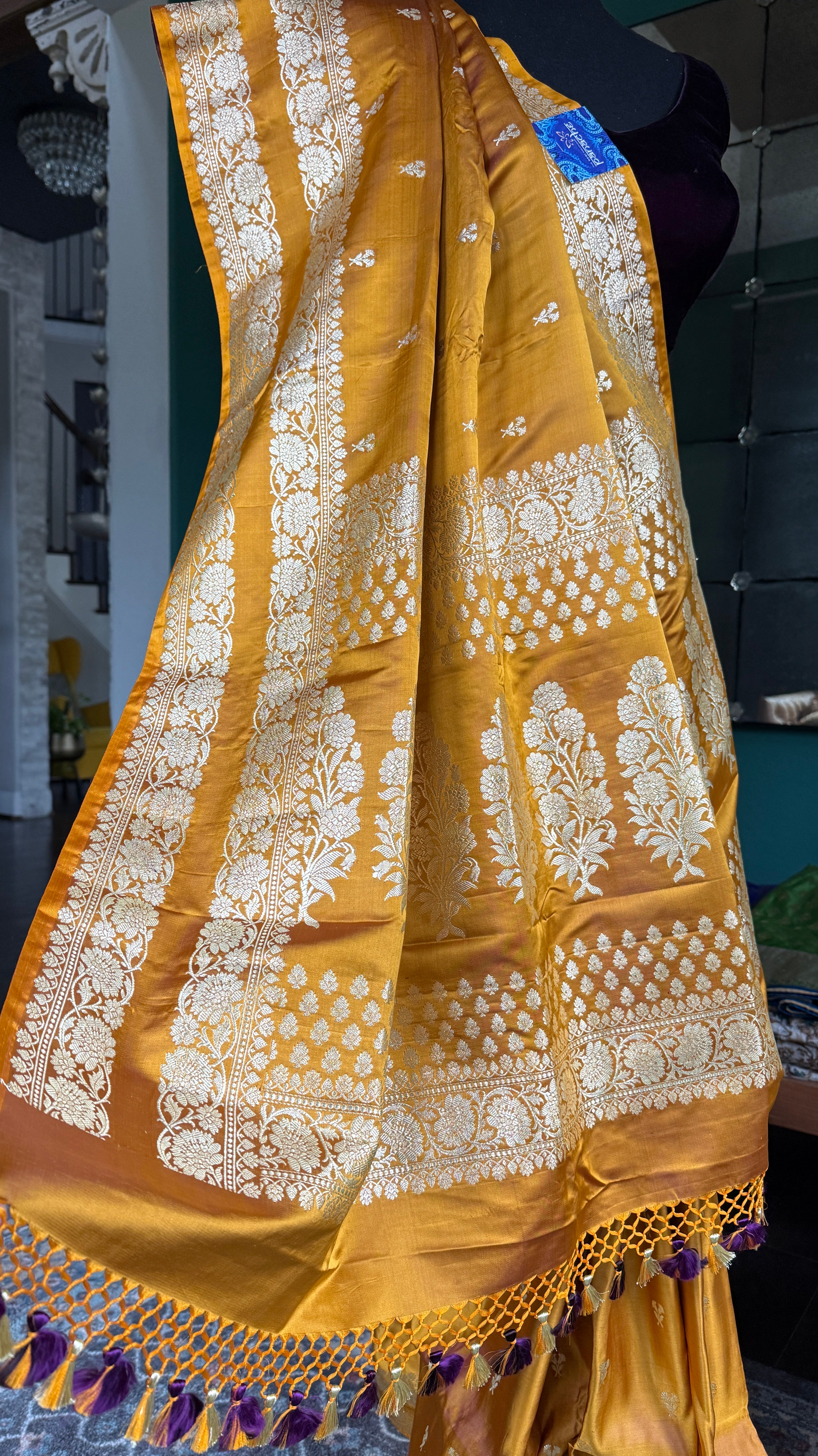 Pure Silk Mashru Banaras i- Golden Ochre Yellow