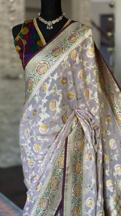 Khaddi Georgette Banarasi - Light Lilac Wine Color
