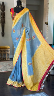 Pure Khaddi Georgette Banarasi - Grey Yellow Kadwa Paisley Meenakari