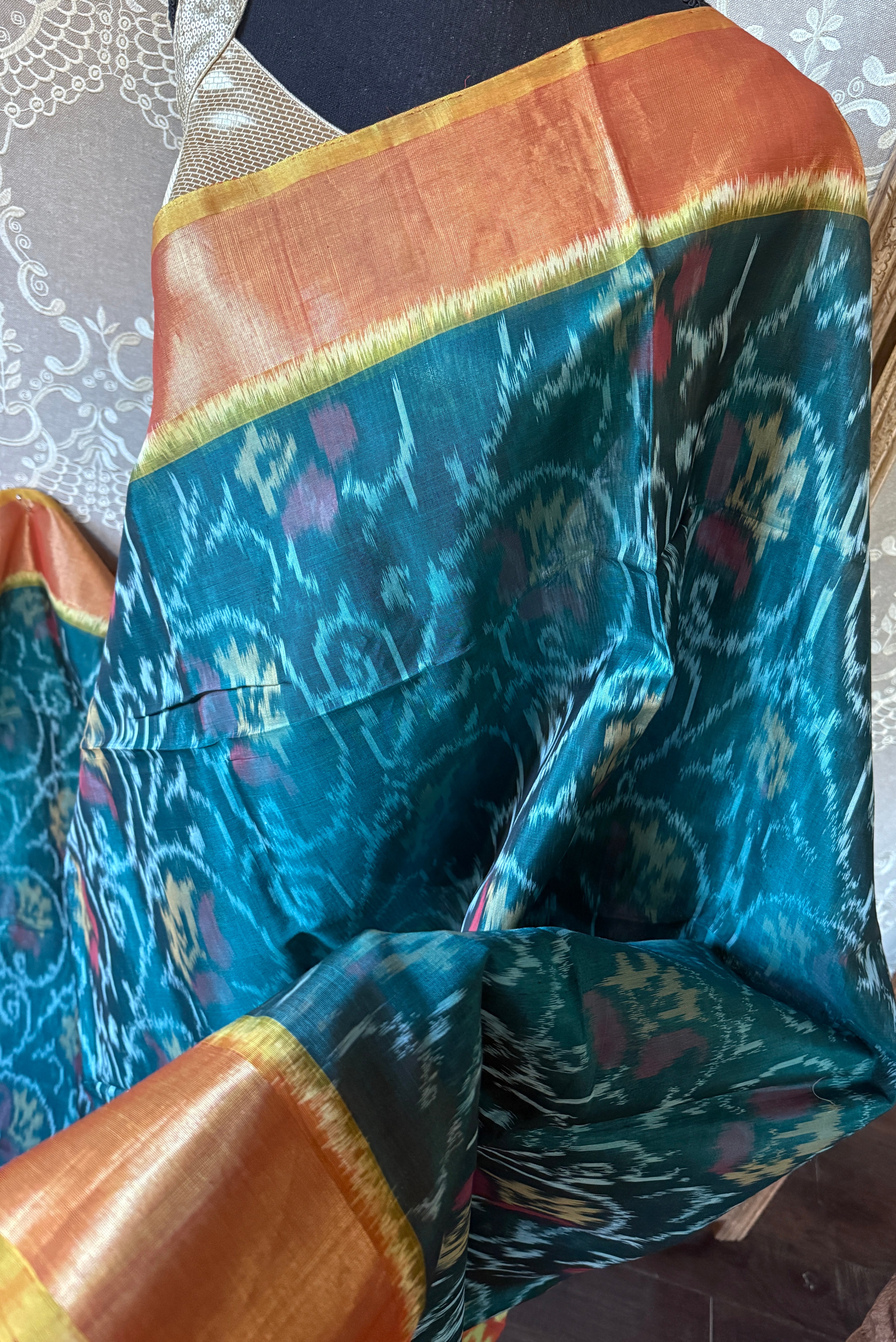 Pure Cotton Silk Ikat - Teal Green Orange